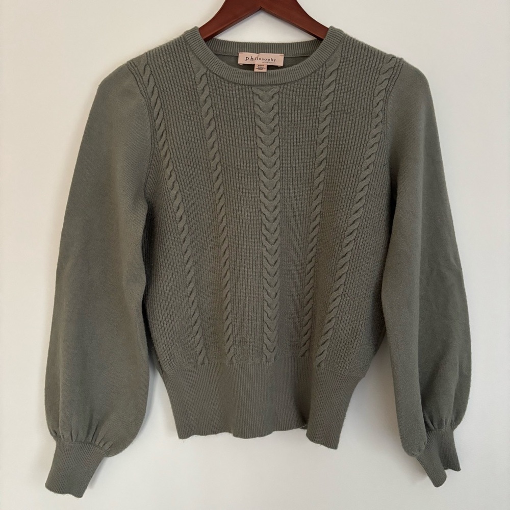 PHILOSOPHY‎ | Green Puff Blousson Sleeve Cable Knit Coquette Sweater | Size XS